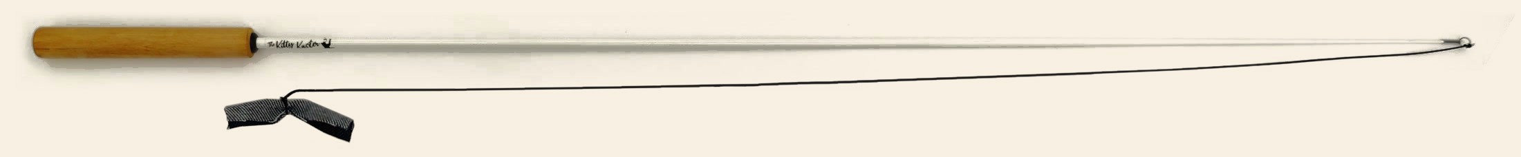 The complete Kitty Kaster toy, wood handle to fiberglass tip, with string and target